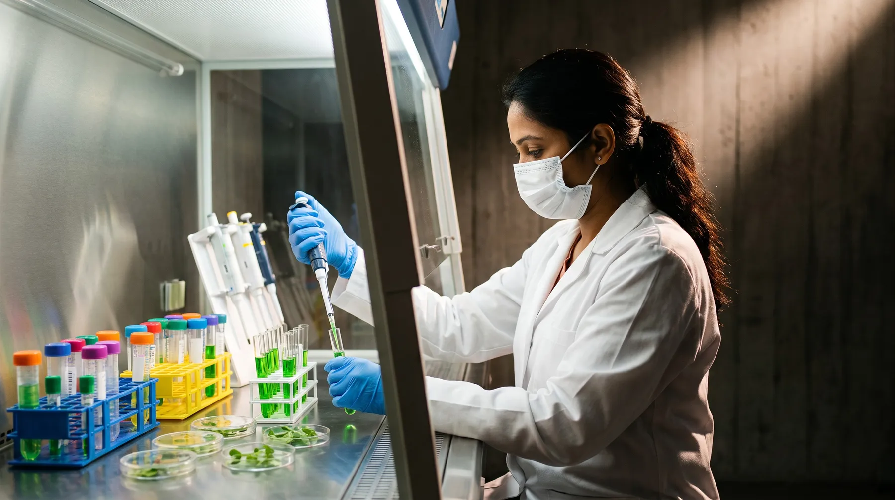A researcher testing a plant sample in the laboratory